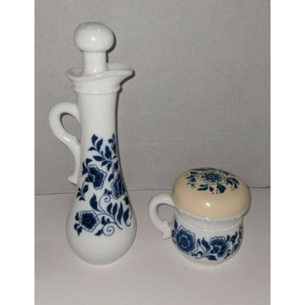 Vintage Avon White Milk Glass Bottle Pitcher Jar Decanter Blue Collectible